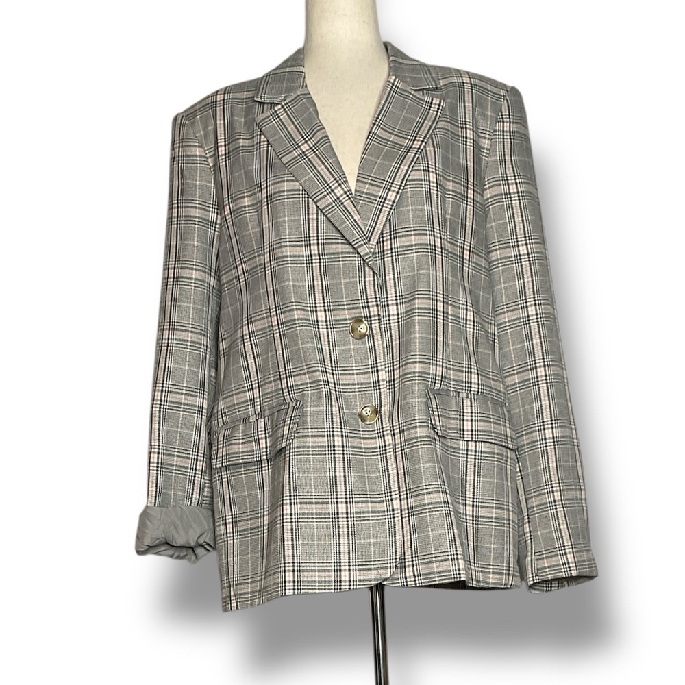 Steve Madden Grey & Pink Plaid Oversized Notch Collar Blazer Size XLarge - Picture 4 of 11